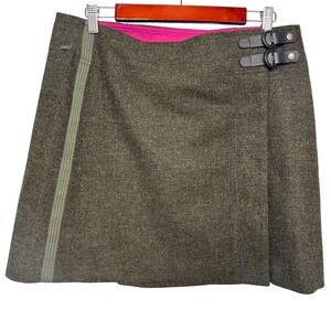 prAna Quincy Wool‎ Blend Tweed Wrap Skirt Women L Green Buckle Academia Heritage